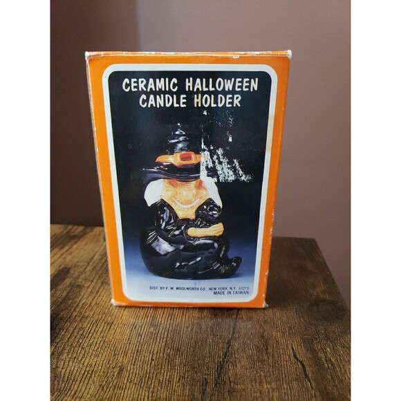 Halloween Witch Ceramic Candle Holder Vintage Black Cat Woolworth Tea Light Box - Picture 12 of 12